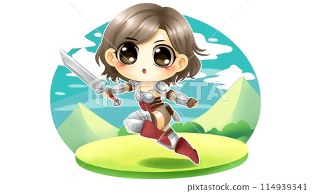 A female hero holding a sword under the blue sky (deformed) 114939341