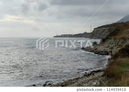 View of a stormy seascape of waves and the Black Sea 114939418