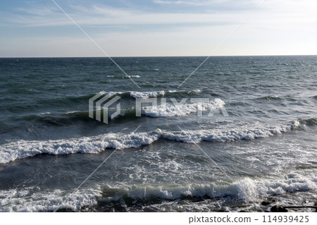 View of a stormy seascape of waves and the Black Sea 114939425
