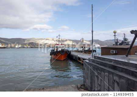 Novorossiysk, Russia - 18 August 2023. red port ship name Pilot-1 in the port of Novorossiysk Black Sea Novorossiysk, Russia - 18 August 2023. red port ship name Pilot-1 in the port of Novorossiysk Black Sea 114939455