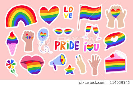 Happy Pride LGBTQ element set. LGBTQ community symbols with floral rainbow, flag, ice cream, cake. 114939545