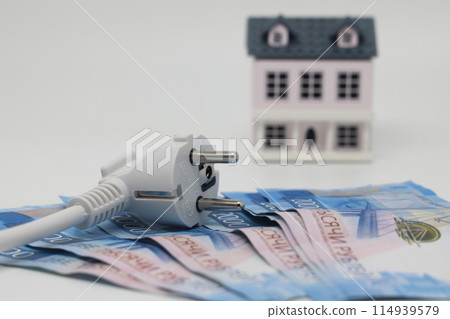 White electric cable and banknotes against the background of a toy model house 114939579