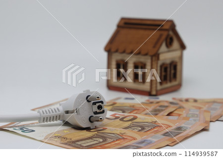 White electric cable and banknotes against the background of a toy model house White electric cable and banknotes against the background of a toy model house 114939587