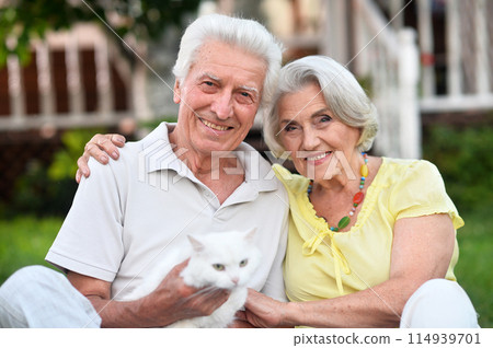 Portrait of a beautiful elderly couple in summer park Portrait of a beautiful elderly couple in summer park 114939701