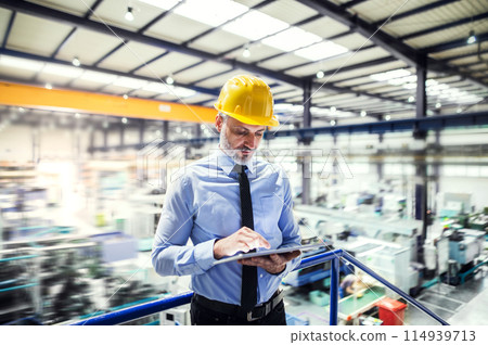 Portrait of project manager standing in modern industrial factory. Manufacturing facility with robotics, robotic arms and automation. Storing products and materials in warehouse. Portrait of project manager standing in modern industrial factory. Manufacturing facility with robotics, robotic arms and automation. Storing products and materials in warehouse. 114939713