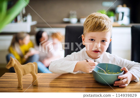 Little boy doesn't like lunch, doesn't want to eat. Sitting at table with serious expression, holding spoon, refusing to eat. 114939829