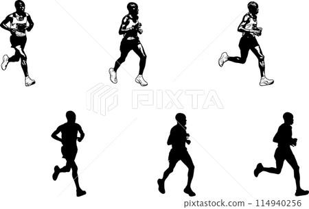 marathon runner sketch and silhouettes - vector marathon runner sketch and silhouettes - vector 114940256