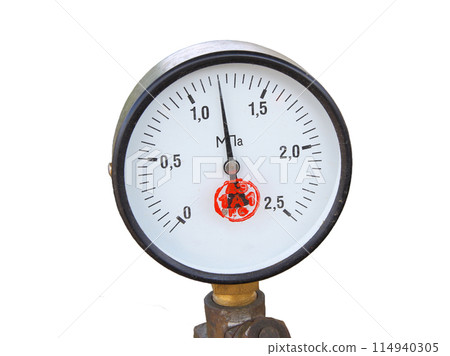 Old circular industrial pressure gauges isolated on a white background 114940305