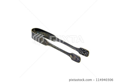 Stainless steel ice tongs isolated on white background Stainless steel ice tongs isolated on white background 114940306