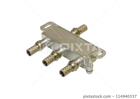 Coaxial connectors adapters and coaxial splitter isolated on white background 114940337