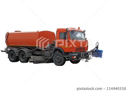 Orange machine for cleaning and watering streets isolated on a white background Orange machine for cleaning and watering streets isolated on a white background 114940338
