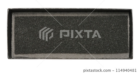 Open black rectangular box with foam inside on isolated background 114940481