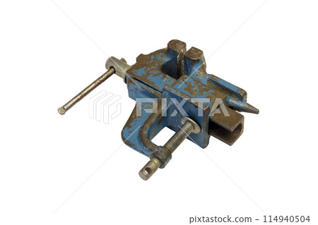Blue bench vise tool isolated on a white background Blue bench vise tool isolated on a white background 114940504