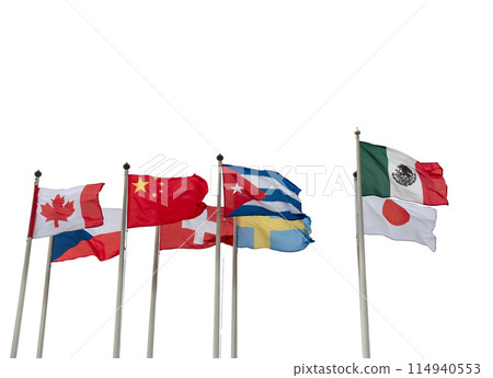 Flags of foreign countries on flagpoles isolated on a white background Flags of foreign countries on flagpoles isolated on a white background 114940553