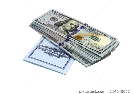 New design US 100 American dollar bundles Inscription savings book isolated on white background New design US 100 American dollar bundles Inscription savings book isolated on white background 114940662