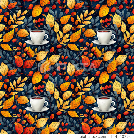 A Cup of Coffee Surrounded by Leaves 114940794