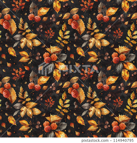 Pattern of Leaves and Berries on Black Background 114940795