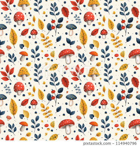 Pattern of Mushrooms and Leaves on White Background 114940796