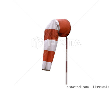 Windsock indicator of wind on runway airport isolated on a white background Windsock indicator of wind on runway airport isolated on a white background 114940815