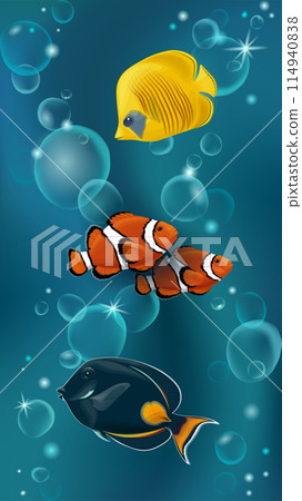 3D Tropical fishes vertical wallpaper. Clownfish in orange, black and white colors. Transparent background. Anemone tropical fishes isolated vector illustration 114940838