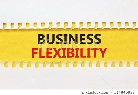 Business flexibility symbol. Concept words Business flexibility on beautiful yellow paper. Beautiful white paper background. Business flexibility concept. Copy space. Business flexibility symbol. Concept words Business flexibility on beautiful yellow paper. Beautiful white paper background. Business flexibility concept. Copy space. 114940952