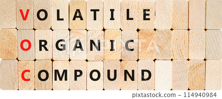 VOC volatile organic compound symbol. Concept words VOC volatile organic compound on beautiful wooden blocks. Beautiful wooden background. Business VOC volatile organic compound concept. Copy space. VOC volatile organic compound symbol. Concept words VOC volatile organic compound on beautiful wooden blocks. Beautiful wooden background. Business VOC volatile organic compound concept. Copy space. 114940984