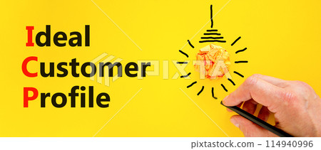 ICP ideal customer profile symbol. Concept words ICP ideal customer profile on beautiful yellow paper. Light bulb. Beautiful yellow background. Business ICP ideal customer profile concept. Copy space. ICP ideal customer profile symbol. Concept words ICP ideal customer profile on beautiful yellow paper. Light bulb. Beautiful yellow background. Business ICP ideal customer profile concept. Copy space. 114940996
