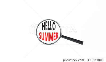 Hello summer symbol. Concept words Hello summer in beautiful magnifying glass. Beautiful white paper background. Business lifestyle Hello summer concept. Copy space. Hello summer symbol. Concept words Hello summer in beautiful magnifying glass. Beautiful white paper background. Business lifestyle Hello summer concept. Copy space. 114941000