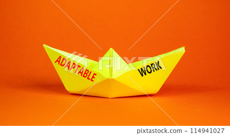 Adaptable work symbol. Concept words Adaptable work on beautiful yellow paper boat. Beautiful orange paper background. Business Adaptable work concept. Copy space. Adaptable work symbol. Concept words Adaptable work on beautiful yellow paper boat. Beautiful orange paper background. Business Adaptable work concept. Copy space. 114941027