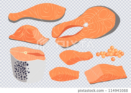 Pieces of red fish salmon in flat style Pieces of red fish salmon in flat style 114941088