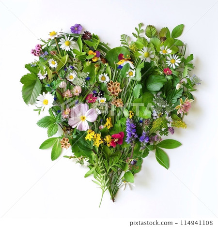 heart made of natural meadow flowers, herbs and leaves, white background 114941108