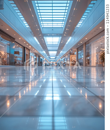 Empty, well-lit, bright shopping mall passage with blurred background, defocused open space for design or montage 114941233