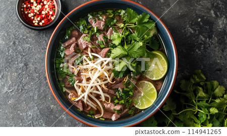 Overhead of blue bowl with Pho Bo vietnamese soup with beef, soy sprouts, cilantro and sliced lime on grey concrete background, traditional asian cuisine 114941265