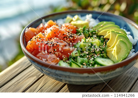 Ahi tuna poke bowl set with pieces of tuna, slices avocado, cucumber and rice close up on wooden table in an outdoor restaurant near the ocean 114941266