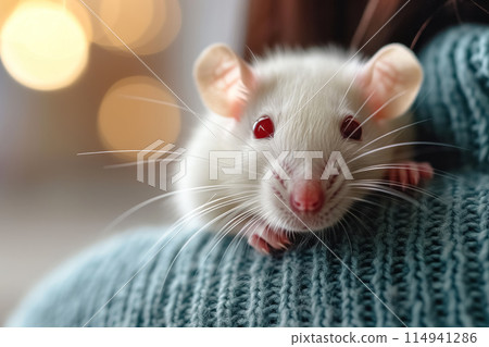 Cute little domestic white rat with red eyes sits on person shoulder, love and pet care 114941286