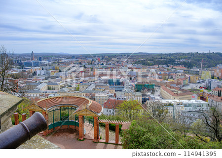 Brno city, Czech Repubublic viewed from Spilberk Castle Fortress.  A canon in the foreground 114941395