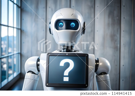Curious Robot with Screen Displaying a Question Mark Illustrating Technology's Role in Sparking New Questions and Innovations 114941415
