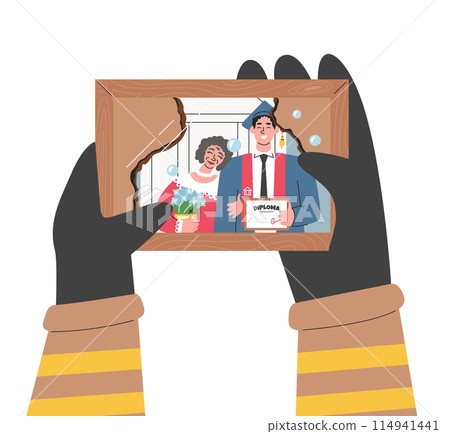 Fireman character hands seeing burnt photo and cry Fireman character hands seeing burnt photo and cry 114941441
