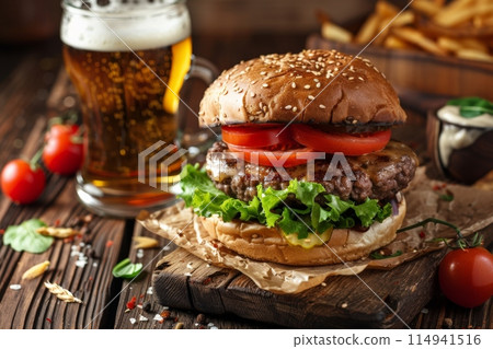 Hamburger and beer on table classic staple food pairing 114941516