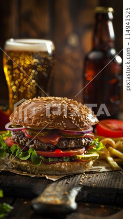 Hamburger and beer on table classic staple food pairing 114941525