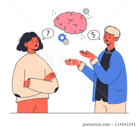 Business brainstorming. Office team workflow, colleagues conversation and discussion flat vector illustration. Office business people scene Business brainstorming. Office team workflow, colleagues conversation and discussion flat vector illustration. Office business people scene 114941541