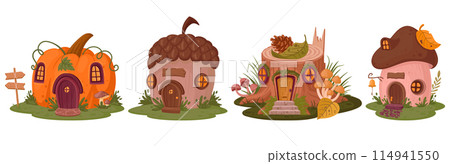 Cartoon fantasy houses. Fairytale cute mushroom, pumpkin and acorn cabins flat vector illustration set. Magic world houses collection 114941550
