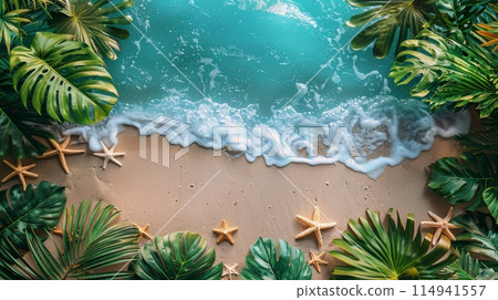 Aerial View of Beach With Starfish and Palm Trees 114941557