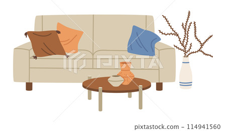 Cartoon sofa and tea table. Living room furniture, trendy cozy house interior elements flat vector illustration. Contemporary living room interior 114941560