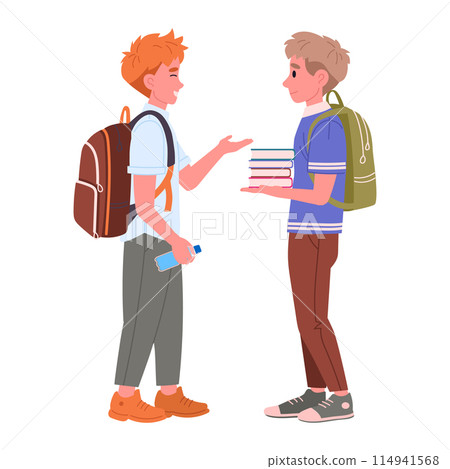 Junior high school students. Male school students with backpacks and books talking to each other flat vector illustration. Middle school pupils 114941568