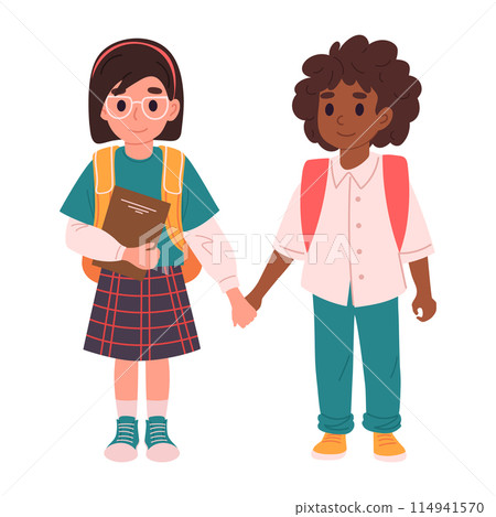 Kids going to school holding hands. Primary school students, elementary school students with backpacks and books flat vector illustration. Cheerful school kids 114941570