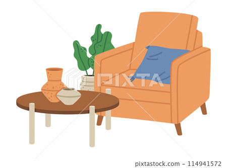 Living room furniture. Cartoon armchair and tea table, trendy cozy house interior elements flat vector illustration. Modern contemporary interior 114941572