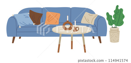 Living room interior. Minimalist home decoration, comfy couch and tea table flat vector illustration. Trendy contemporary interior 114941574