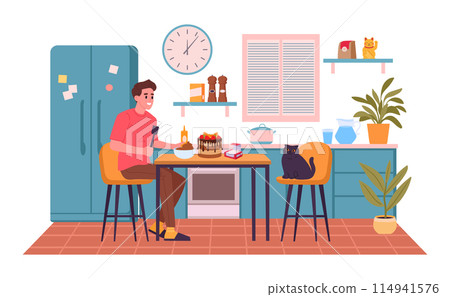 Man cooking at home. Male character baking cake in kitchen, dessert preparation flat vector illustration. Cooking at home scene Man cooking at home. Male character baking cake in kitchen, dessert preparation flat vector illustration. Cooking at home scene 114941576