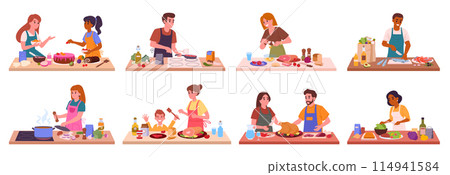 People cooking at home. Families preparing food on house table, homemade meal preparation flat vector illustration set. Cooking characters collection 114941584